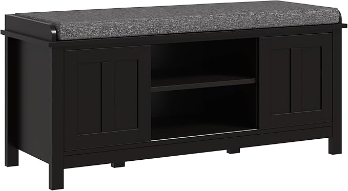 HOMCOM Entryway Shoe Bench Storage Ottoman with Sliding Doors, Adjustable Shelving, 6 Compartments, and Padded Seat, Holds 10 Pairs, Black