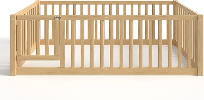 Bellemave Twin Size Montessori Floor Bed with 23.5" High Rails, Pine,Plywood Twin Floor Bed with Small Door, Natural