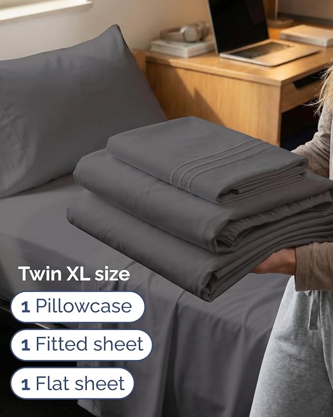 Twin XL Size 3 Piece Sheet Set - Comfy Breathable & Cooling Sheets - Hotel Luxury Bed Sheets for Women & Men - Deep Pockets, Easy-Fit, Soft and Wrinkle Free Sheets - Dark Grey Oeko-Tex Bed Sheet Set