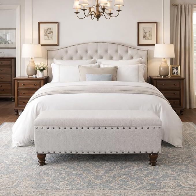 HomePop Large Storage Bench with Nailhead Trim -Gray Woven