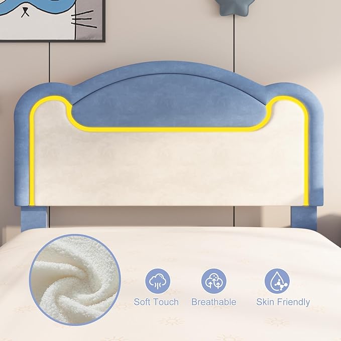 Garvee Full Size Upholstered Bed Frame with LED Lights & Fabric Headboard, Princess Platform Bed for Girls with Wood Slats, No Box Spring Needed (Blue White)