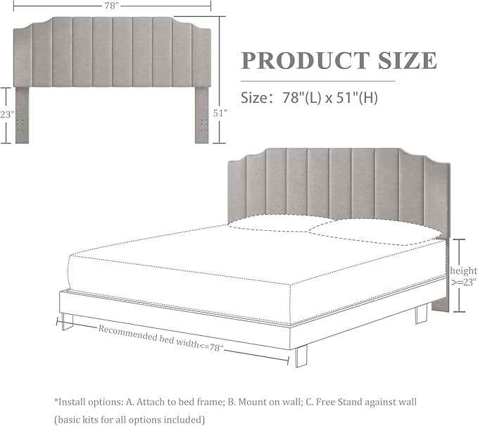 Befurtori King Size Headboard Only, Velvet Wall Mounted Headboard King for Adjustable Bed Modern Upholstered Head Board Easy Assembly, Gray