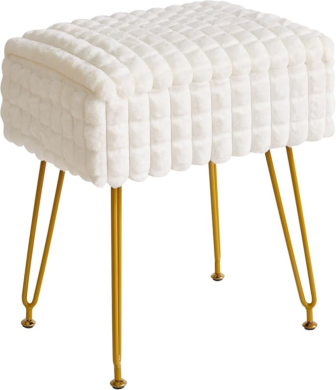 IBUYKE Rectangle Vanity Chair with Storage Space, Footrest Footstool Ottoman, Vanity Stool, Dressing Table Chair, with Anti-Slip Feet, for Makeup Room, Bedroom, Square Grid Pattern, White WBD004W