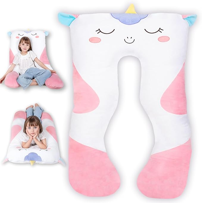47x23 inch U Shaped Long Plush Body Pillows for Kids, Stuffed Animal Unicorn Soft Large Pillow for Sleeping, Big Cute Plushies, Washable Cover, Gift for Boys and Girls