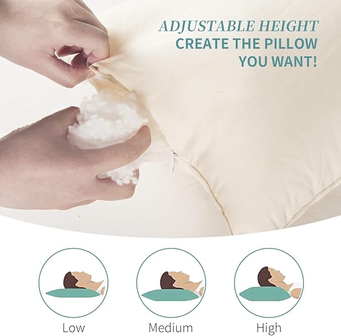 Organic Pillow with Pillowcase - 20x36 King Size Pillow with 100% Organic Cotton Shell, Adjustable Loft Organic King Plilow, Machine Washable, Soft, Perfect for Adults&Couples