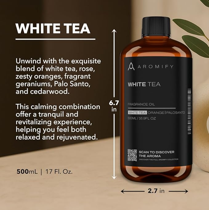 White Tea Diffuser Oil, 16.9 FL Oz, 500 mL, Aroma Essential Oil for Scent Diffusers, Luxury Hotel Scent for Home, Bathroom, Spa & Office, Natural White Tea, Orange & Palosanto Scents