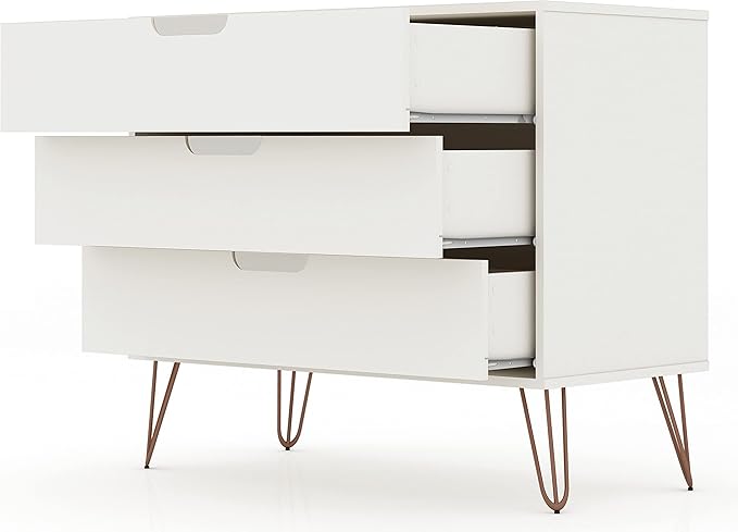 Manhattan Comfort Rockefeller 3-Drawer Dresser Set of 2, Entryway Wood Storage Cabinet, 32 Inch TV Stand Console Table, Anti Tip Kit Included for Bedroom, Nursery, Dorm, Living Room in White