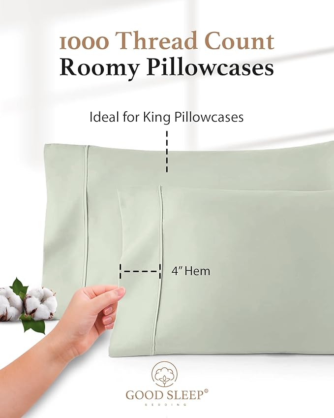 1000 TC Sage King Pillowcases Set of 4 100% Egyptian Cotton Pillow Cases with Long Staple Cotton & Sateen Weave, Silky Soft Hotel - Like Bed Pillow Covers for Comfy Sleeping, Snug Fit