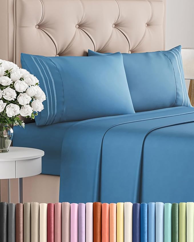 Full Size 4 Piece Sheet Set - Comfy Breathable & Cooling Sheets - Hotel Luxury Bed Sheets for Women and Men - Deep Pockets, Easy-Fit, Soft and Wrinkle Free Sheets - Denim Blue Oeko-Tex Bed Sheet Set
