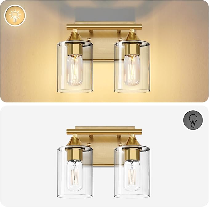 Gold Vanity Lights for Bathroom,2-Light Bathroom Light Fixtures,Brushed Brass Gold Wall Sconce Lighting,Modern Wall Lamp for Mirror Bedroom Vanity Table Hallway