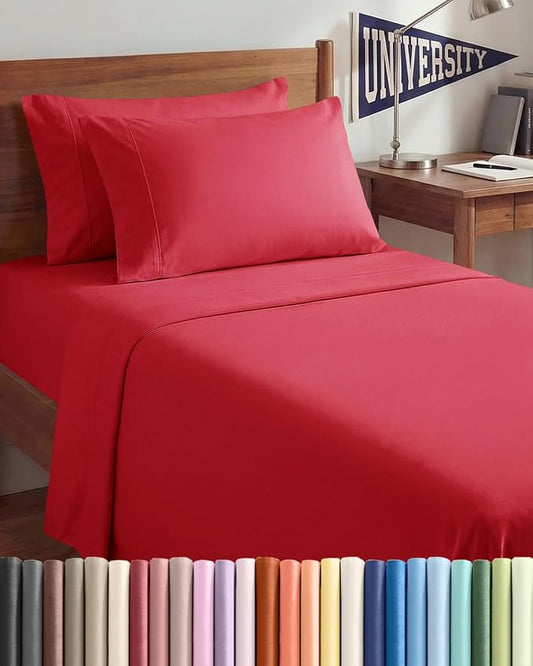 Twin XL 4 Piece Sheet Set - Comfy, Breathable & Cooling - Hotel Luxury Bedding for Women, Men, Kids, Teens and Children - 1 Flat & 1 Fitted Sheet & 2 Pillowcases w/ Deep Pockets - Wrinkle Free - Red
