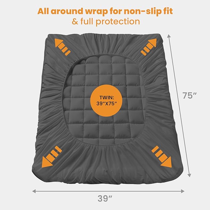 MATBEBY Twin Size Mattress Pad - Cooling Breathable Mattress Topper, Quilted Fitted Mattress Protector, Pillow Top Mattress Cover with 8-21" Deep Pocket, Machine Washable, Dark Grey, 39x75 Inches