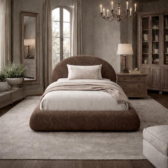 Round Bed – Washable Zip Cover - Upholstered Linen Soft Foam - Modular Minimalist Modern - Half Circle Moon - Sold Sold Separately (Brown Linen Premium, Twin Headboard)