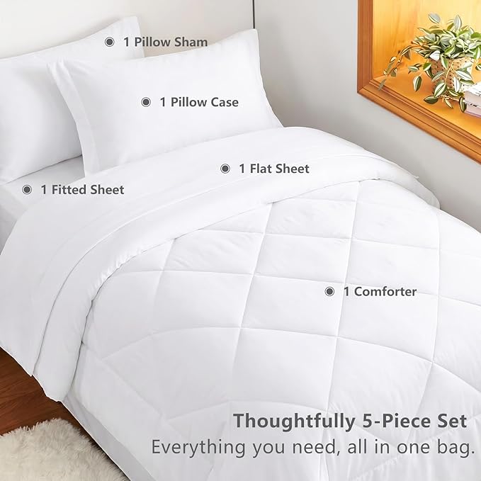 CozyLux Twin XL Comforter Set White - 5 Pieces Twin Extra Long Bed in a Bag for College Dorm, All Season Bedding Set for Girls and Boys, Soft Bed Set with Comforter, Sheets, Pillowcase & Sham