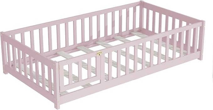 Bellemave Montessori Twin Floor Bed Frame with Fence and Removable Door, Low Profile Twin Size Montessori Bed Frame for Kids, Solid Wooden Floor Beds with Slats for Bedroom,Nursery, Pink