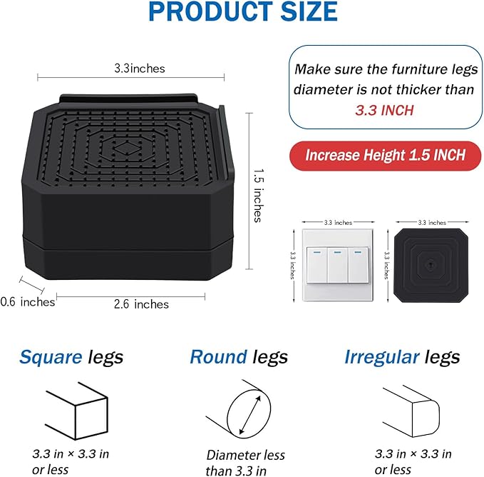 ANNKUT Bed Risers and Furniture Risers, Heavy Duty Adjustable Lifting Blocks for Couches, Desks, and Chairs, Elevates 1.5 Inches, Holds up to 4000 lbs (Black)