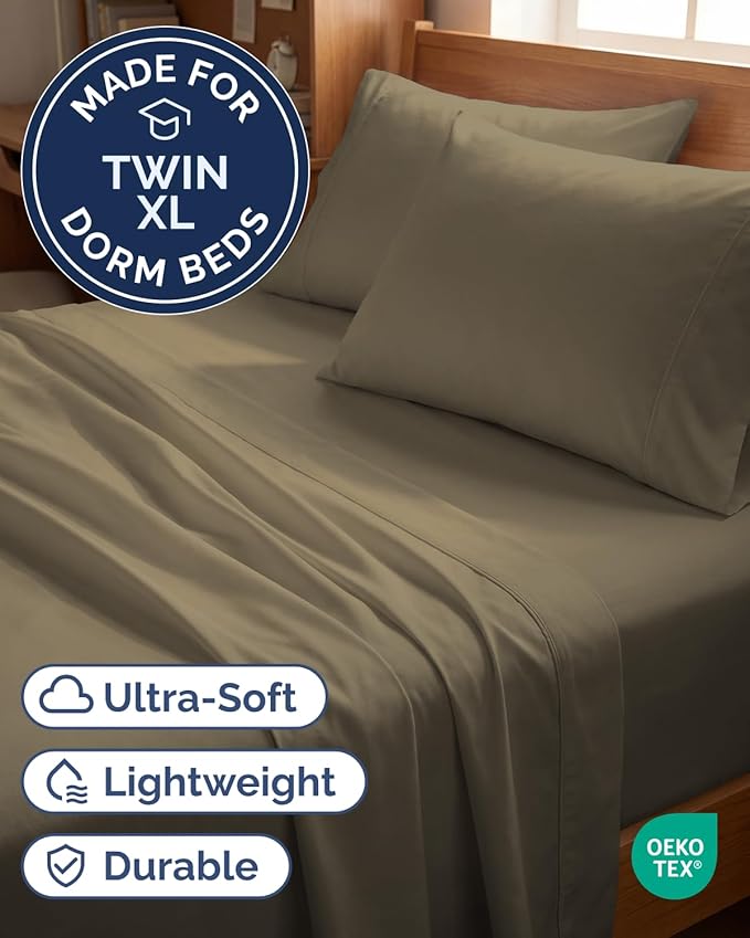 Twin XL 4 Piece Sheet Set - Comfy, Breathable & Cooling - Hotel Luxury Bedding for Women, Men, Kids, Teens and Children - 1 Flat & 1 Fitted Sheet & 2 Pillowcases w/ Deep Pockets - Wrinkle Free - Khaki