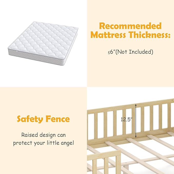 Giantex Full House Bed with Drawers, Wooden Full Size Bed Frame with Cube Storage & Fence Rails, Montessori Beds for Kids Boys Girls, Bedroom, Living Room, No Box Spring Needed, Natural