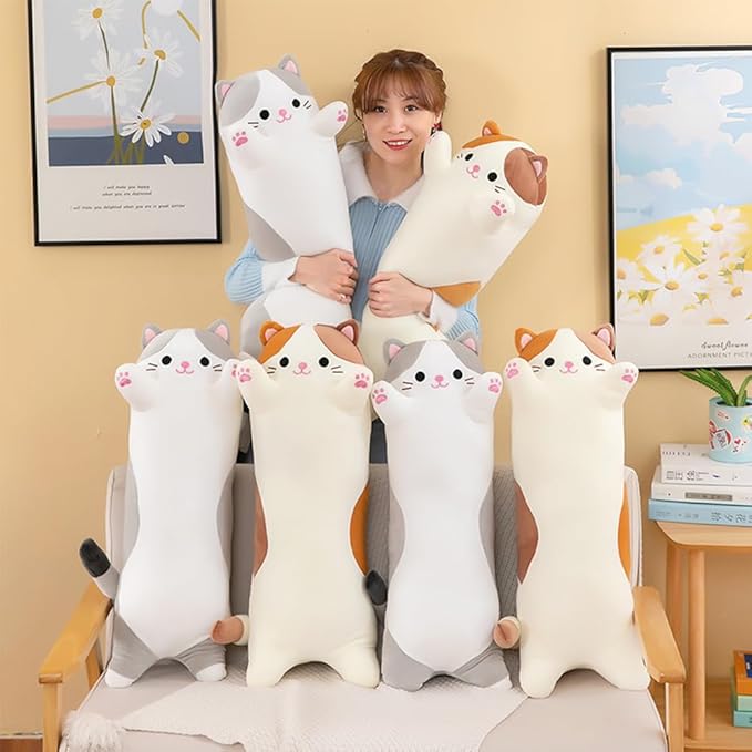 Cat Plush Stuffed Animals Cute Long Cat Body Pillow Plushies Soft Huggable Kitty Pillows for Girls Kids Adults Cat Lovers (New Gray, 27inch)