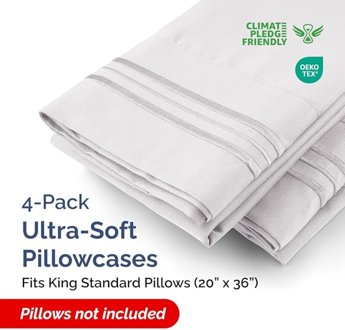 King Standard Pillow Cases Set of 4 - Soft Hotel Quality Pillowcase Covers - Comfy Bedding for Women, Men, Kids & Teens - Machine Washable Pillow Protectors - 4 Piece Set - King Standard French Grey