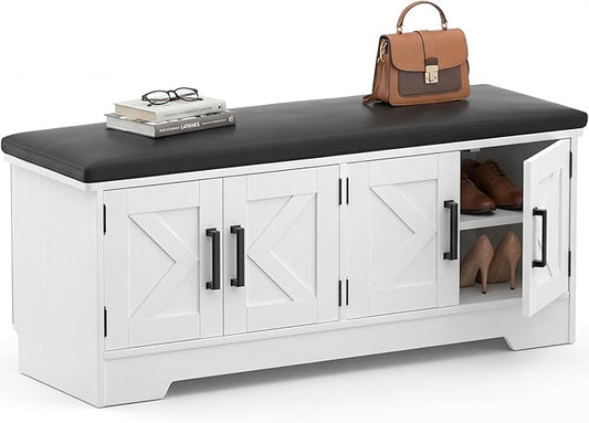 Farmhouse Shoe Storage Bench with Cushion - 43.3" Entryway Bench with Storage & 4 Barn Doors, 2-Tier Wooden Shoe Rack Bench, Hidden Shoe Cabinet & Mudroom Bench for Bedroom Hallway Living Room, White