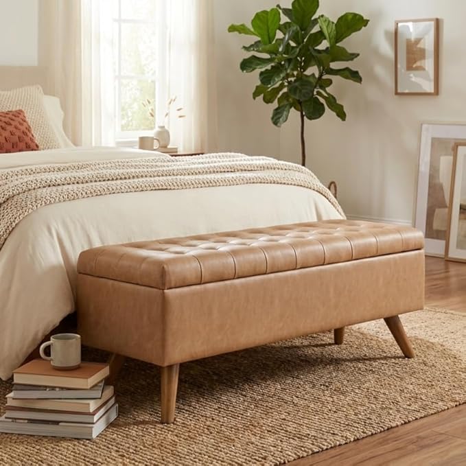 HomePop Modern Tufted Storage Bench - Sand Faux Leather