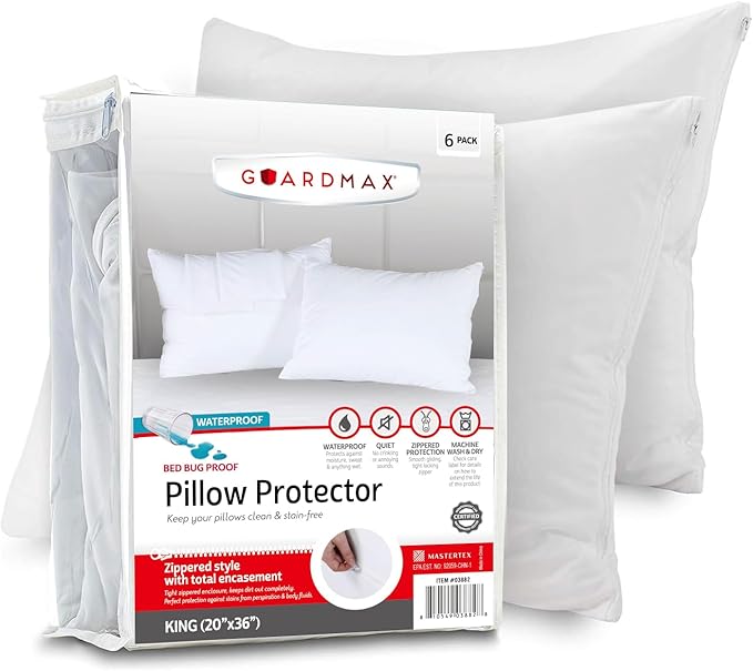 Guardmax Jersey Knitted Pillow Protector with Zipper King Size - 12 Pack - 100% Waterproof, Bed Bug Proof, Dust Mite Proof, & Hypoallergenic Pillow Covers - Premium Zippered Pillow Cases. (20 X 36)
