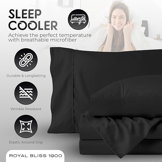 Top Split King Sheets Sets for Adjustable Bed, 4 Pcs Deep Pockets Double Brushed Microfiber Sheets, 34 Inch Split Top Fitted Sheet, 1 King Flat Sheet and 2 Pillowcases (Black)