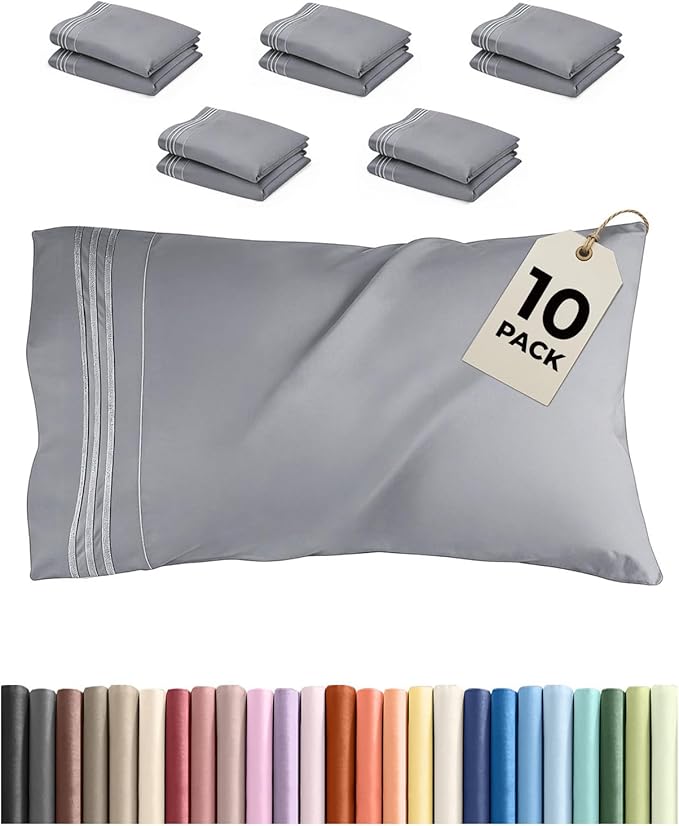 Queen Pillow Cases Set of 10 - Ultra Soft Hotel Quality Pillowcase Covers - Comfy, Cozy & Wrinkle Free - Shrink, Stain & Fade Resistant - Machine Washable Pillow Protectors - 10 Piece Set - Steel Blue