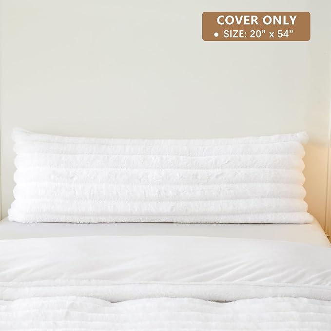 MEGO Fluffy Faux Rabbit Fur Body Pillow Cover 20x54, Luxury Soft Plush Shaggy Wide Striped Zippered Bed Pillowcase, Decor Fuzzy Furry Bedroom Long Pillow Cover for Pregnant Women Side Sleeper, White