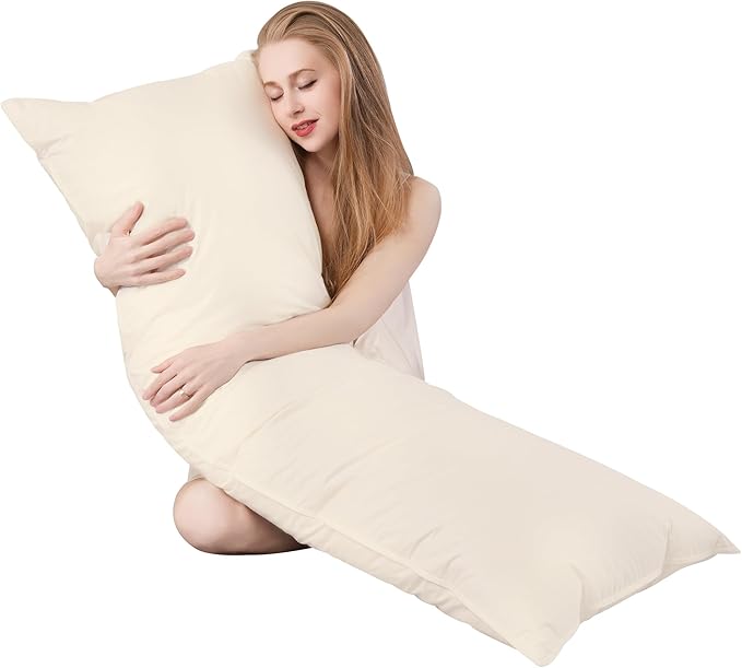 Goose Down Body Pillows for Adults, Large Body Pillow for Side Sleeper, Hugging Feather Body Pillow Insert, Cooling Full Length Long Pillow for Bed with 100% Organic Cotton Shell, (Beige 20"x60")