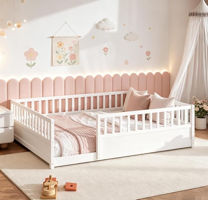 Bellemave Queen Floor Bed with high Fence, Solid Pine Wood Montessori Bed for Kids Girls Boys Floor Bed Frame, White with slats