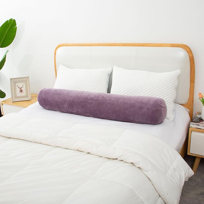 1 MIDDLE ONE Bolster Pillow for Bed, Long Round Body Pillow for Adults with Removable Velvet Cover, Decorative Tube Roll Cylinder Pillow, 47 x 7.87 Inch, Purple