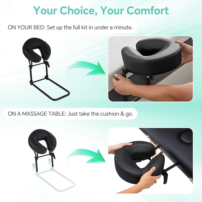Portable Massage Headrest for Bed, Adjustable Face Cradle & Face Down Pillow with Memory Foam & PU Leather, Foldable Home Massage Kit for Mattress Top, Fits 5.5-17.7" Mattress