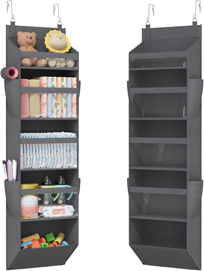 Lifewit 1 Pack Over the Door Organizer, 5 Section Clear Window Hanging Storage with 4 Side Pockets, Sturdy Anti Tilt 40 lbs Load Behind Door for Closet, Bedroom, Bathroom, Nursery, Dorm, Gray