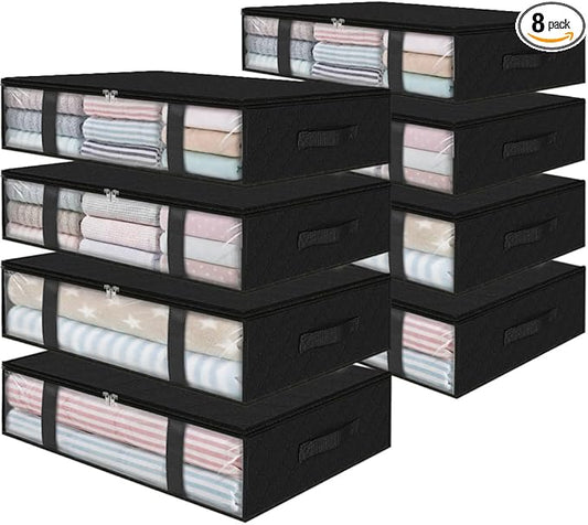 StorageRight Under Bed Storage Bags 8 Pack, 40L Large Clothes & Comforter Storage Containers with Clear Window, Breathable Fabric Organizer for Blankets, Bedding, Seasonal Clothing, Black