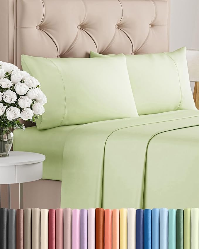 Twin 4 Piece Sheet Set - Comfy, Breathable & Cooling - Hotel Luxury Bedding for Women, Men, Kids, Teens & Children - 1 Flat & 1 Fitted Sheet & 2 Pillowcases w/ Deep Pockets - Wrinkle Free - Light Sage