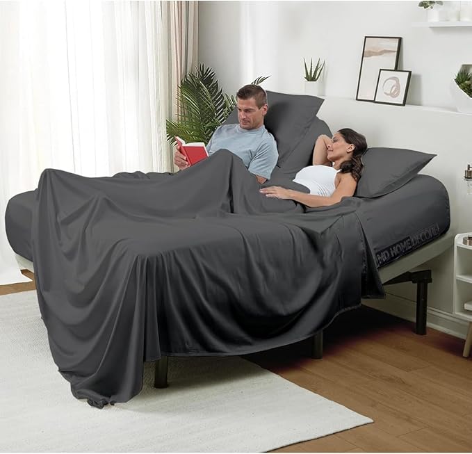 Flex Top King Sheets for Sleep Number Bed,100% Egyptian Cotton- 400 TC Split Top King Sheets for Sleep Number Bed ,4 Pcs Flex Head King 32" Top Split Sheets to fit Upto 16" Mattress ,Dark Grey Solid