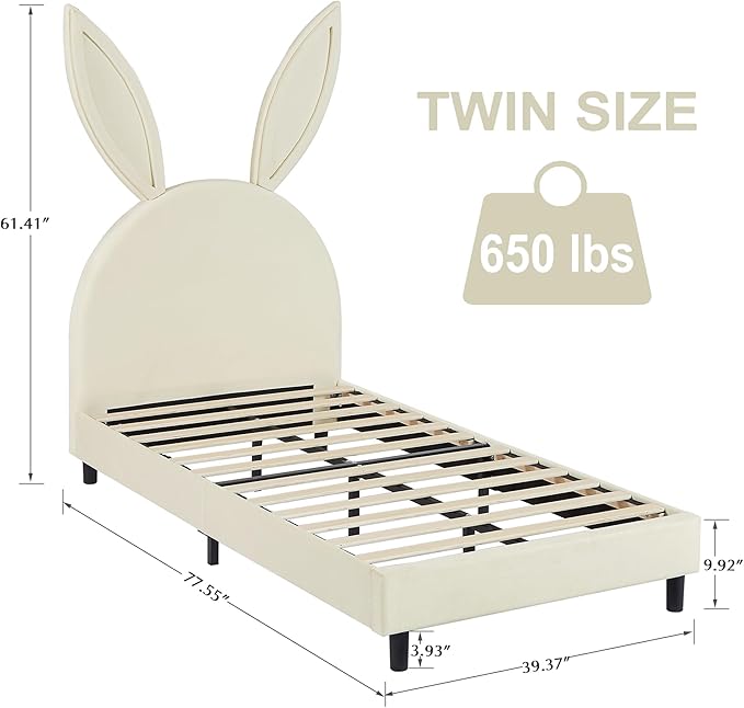 VECELO Twin Size Bed Frame with Storage Organizer, Heavy-Duty Platform with Rabbit Shaped Headboard for Girls Kids Room, Easy Assembly, Beige