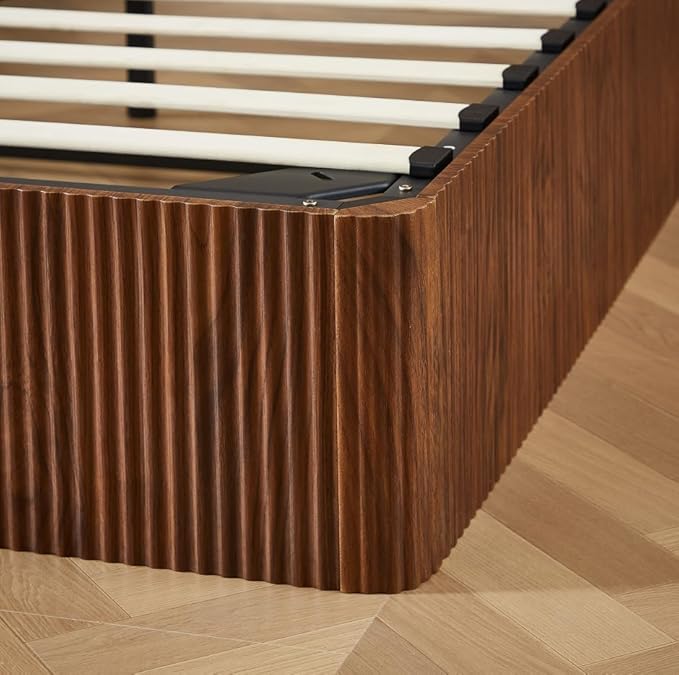Bellemave King Lift Up Storage Bed, Walnut Wood Lift Up Bedframe King, Wooden Corrugated Curved Lines, Hydraulic Storage,Walnut