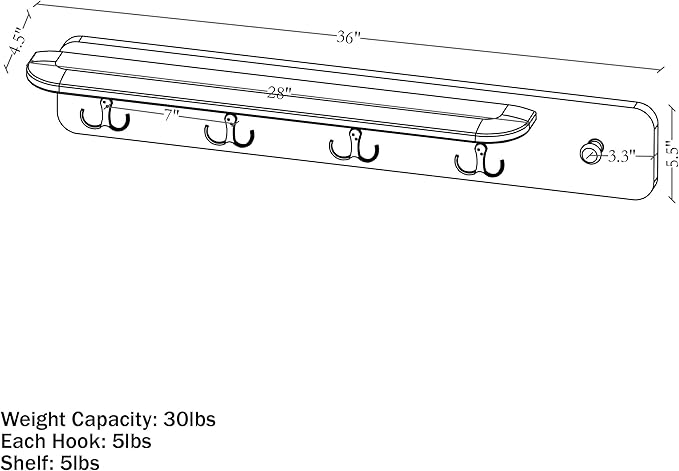 Alaterre Furniture Calais 36 Inch Wall Mount Coat Rack with Shelf with 4 Coat Hooks and Peg – Acacia Wood Wall Hangers (Chestnut)