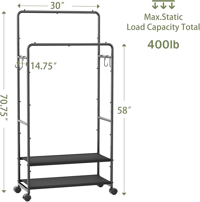 Simple Trending Clothes Rack for Hanging Clothes, Double Rod Clothing Rack with Shelves Load 400 LBS, Garment Rack with Wheels, Black