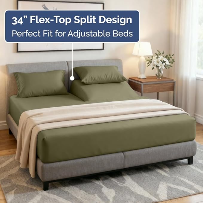Flex Top Split Head King 4 Piece Sheet Set - Ultra-Soft, Breathable & Cooling Bed Sheets Set - Hotel Luxury Bedding for Women & Men with Deep Pockets - Wrinkle and Fade Free - Oeko-Tex - Sage Green