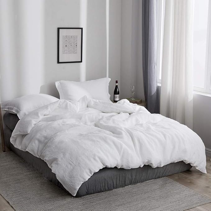 Simple&Opulence 100% Linen Duvet Cover Set 2pcs Basic Style Natural French Washed Flax Solid Color Soft Breathable Farmhouse Bedding with Button Closure - White, Twin