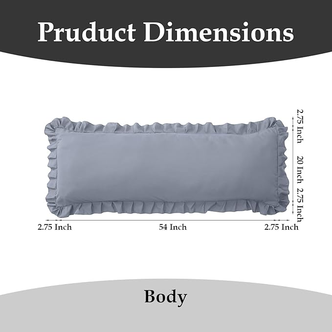 Ruffled Body Pillow Pillowcases Set of 2 – Soft Wrinkle Resistant Brushed Microfiber Body Pillowcases –Envelope Pillow Shams Festive Gift for Hotels, Guest Rooms 20x54 Inch (Silver Gray)