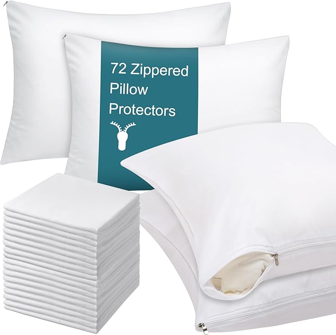 Shimeyao 24 Pcs 20 x 26 Inch Zippered Pillow Protectors Bulk, Standard Size Bedding Pillow Cases, Soft Breathable Cotton Sateen Dust Protection Covers White Protectors for Home Hotel Rental