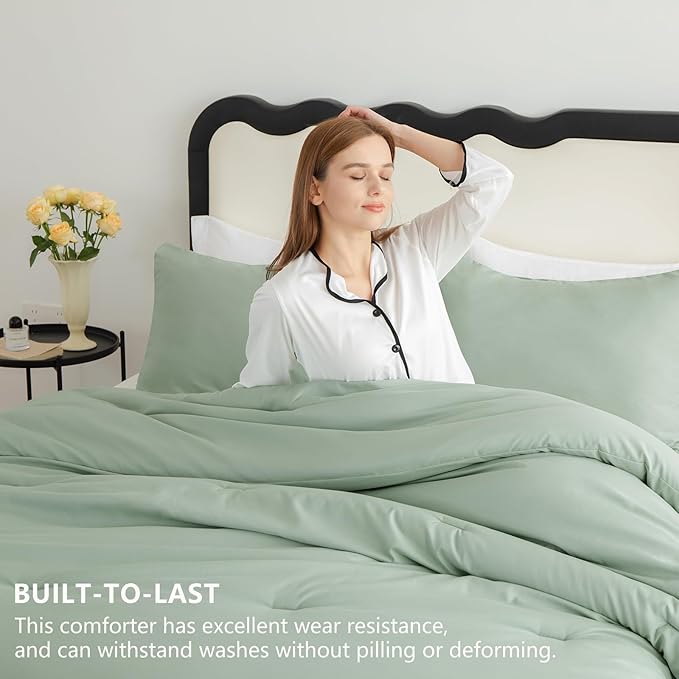 CozyLux Sage Green Queen Comforter Set, 3 Pieces Solid Breathable Quilted Bedding Sets, Luxury Fluffy Soft Bed Set with Down Alternative Comforter for All Season (1 Comforter & 2 Pillowcases)