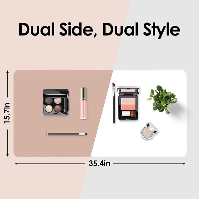 Makeup Mat for Vanity to Protect Desk Top 35.4 x 15.7 in, Dual-Sided Makeup Mat, Easy to Clean Desk Pad - Waterproof and Oilproof Vanity Accessories (White and Khaki)