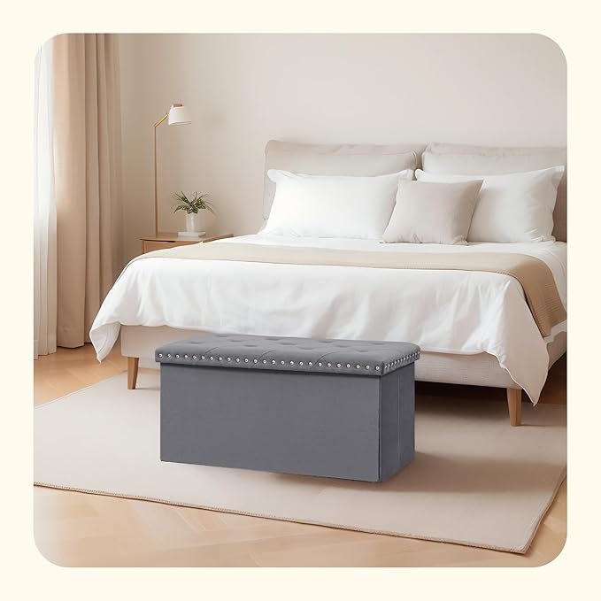 PINPLUS Storage Ottoman Bench, Folding Velvet Fabric Ottomans with Storage, Large Long Shoes Chest with Rivet Design, Blanket Chests Foot Rest Stool for Bedroom Living Room, Grey,30"x15"x15"