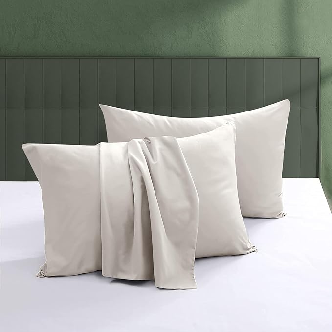 100% Egyptian Cotton Pillow Protectors Set of 2, 600 Thread Count Queen Size Bed Pillow Cases with Zipper, Sateen Weave Cooling Pillow Cases Quiet and Breathable Easy Care (2PCS, Queen, Light Beige)